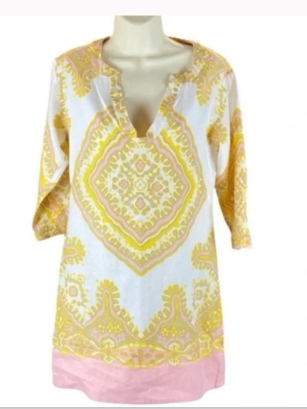 J.Crew Bazaar Linen-Cotton Tunic Dress Yellow Paisley Pink - Size 10